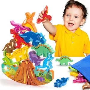 Dinosaur Toys for Kids 3-8 Kid Wooden Stacking Blocks Montessori Toy for 3 4 5 6 7 8 Year Old Boys Girls Christmas Birthday Gifts Toddler Balance Game Ages 3-5 Toys for Boy Girl Age 5-7