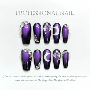 T29 Pure Handmade Blue Cat Eye Nail Art Collection, Reusable Rhinestones Kit with Long-Short Sets, Almond Press, Black Lace, French Tip Designs, Ideal for Nail Art Enthusiasts, Use with Glue