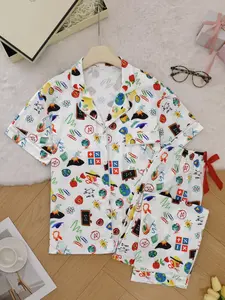 Women's All Over Print Lapel Neck Button Front Shirt & Pants Pajama Set, Casual Comfy Short Sleeve Top & Trousers Set, Ladies Sleepwear for Spring Summer Fall, Soft Lounge Sets