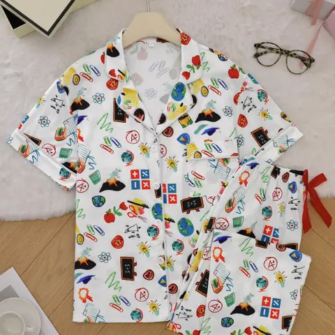 Women's All Over Print Lapel Neck Button Front Shirt & Pants Pajama Set, Casual Comfy Short Sleeve Top & Trousers Set, Ladies Sleepwear for Spring Summer Fall, Soft Lounge Sets, Comfy Pyjama Set, Breathable Pjs, Pyjamas