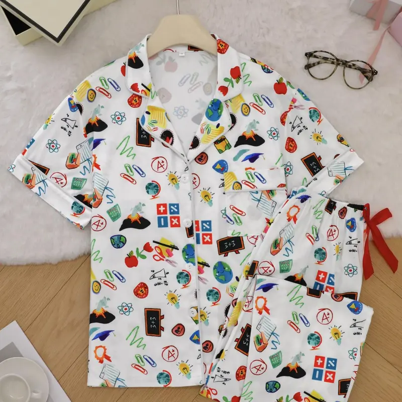 Women's All Over Print Lapel Neck Button Front Shirt & Pants Pajama Set, Casual Comfy Short Sleeve Top & Trousers Set, Ladies Sleepwear for Spring Summer Fall, Soft Lounge Sets, Comfy Pyjama Set, Breathable Pjs, Pyjamas