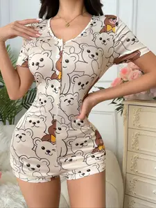 Cute Panda Print Tight-Fitting Women's Four Seasons Jumpsuit Pajamas, Comfortable Home Wear, All-Seasons Sleepwear