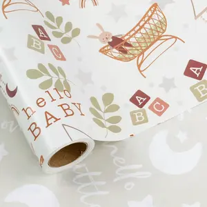Reversible Moon Star Bunny Hello Little One Gift Wrap Paper, Soft Baby Shower 1st Birthday Newborn Party Wrapping Roll, 43.2cm X 1000cm