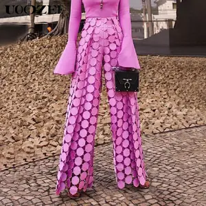 UOOZEE Fashion Women's Polyester High Waist Straight Pants - Spring Summer New Solid Color, Polka Dot Hollowed Loose Fit, Zipper-Accented Streetwear Bottoms with Silk Satin Smooth Soft Fabric for Casual Commuter, Party,summervibes