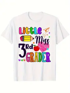 Individualistic round-neck short-sleeved shirts for Boy and girl 🔥   Little Miss 3rd Grader First Day of School T-Shirt - White Short Sleeve Casual Top with Playful School Icons, Machine Washable Back to School Gift for Boys & Girls, School Clothes for Gi