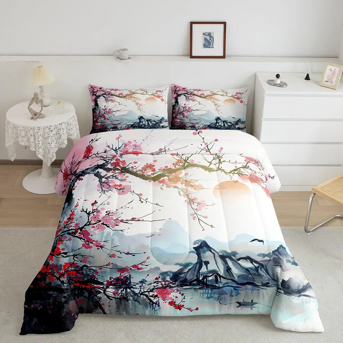 Feelyou Cherry Blossoms Designer Duvet Set - Japanese Style Super Soft Luxury Bedding, Fuji Mountain & Sakura Themed Decor, Bedroom & Decorative Bedding Set, Bedroom Bedding Set