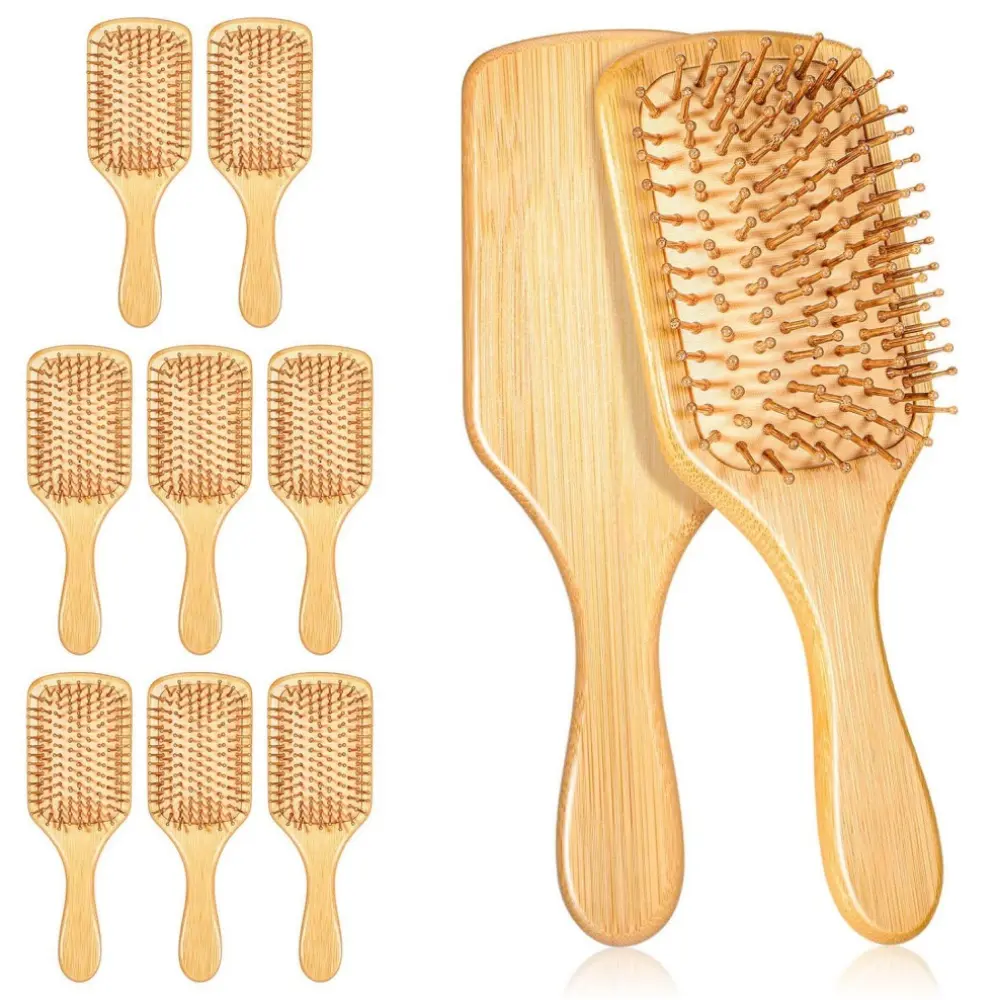 Women's 10-Piece Bamboo Wooden Paddle Brush Set - Natural Scalp Massage, Anti-Static, Ball-Tipped Hair Brush for Wedding, Party
