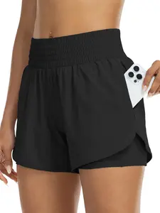 Women's sports shorts, high waisted running, yoga vacation, two pieces, anti glare, gym workout with pockets, slimming and tight fitting sports shorts