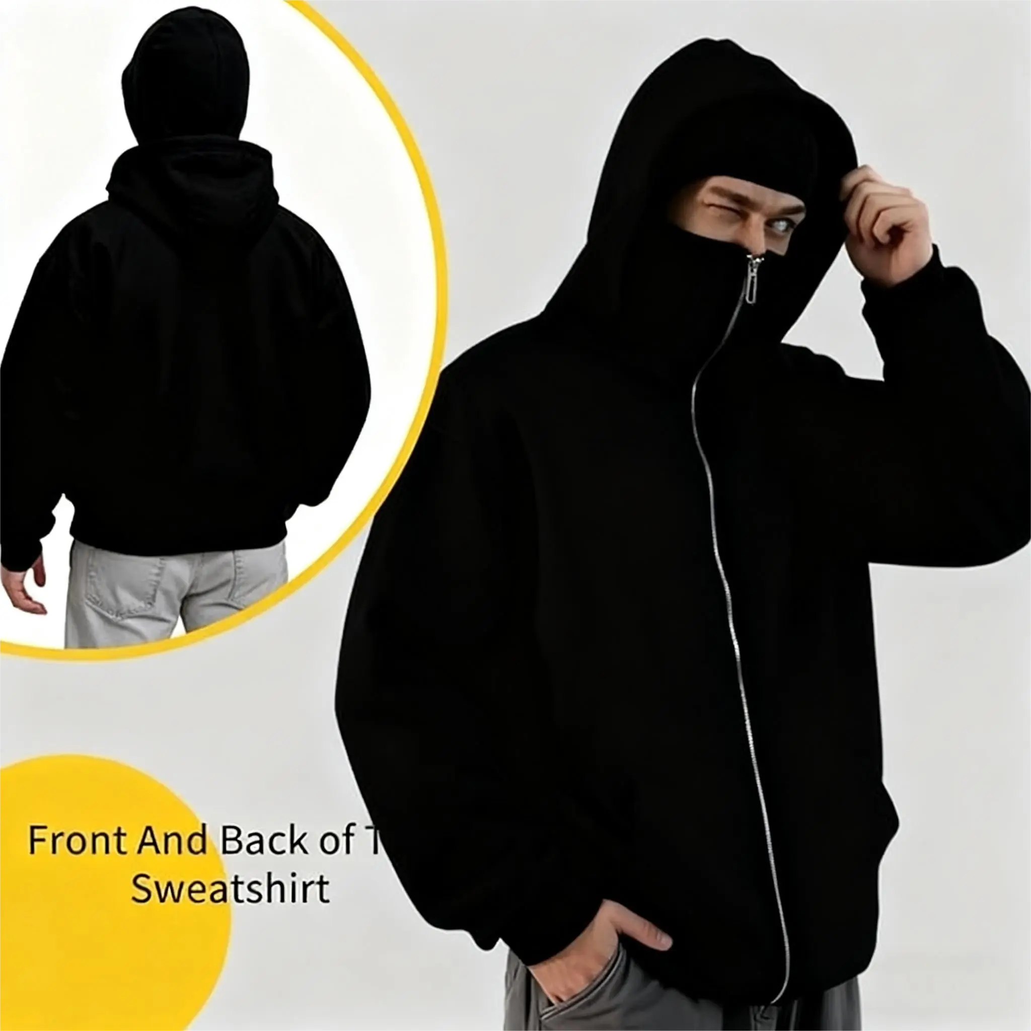2026 Men's Balaclava Jacket Zip Up Fashion Double Layer Hoodie Hip Hop Outerwear Long Sleeve Pullover Hidden Mask Casual Streetwear Top Windbreaker, men sweater, sweater for men, men knitwear, fashion sweater