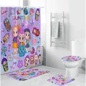 4 count Cute Cartoon K-pop Movie Themed Shower Curtain Set with Non-Slip Rugs, Toilet Lid Cover and Bath Mat, K-pop Bathrom Decor with Hooks 71'' x 71'' (Multicolor)