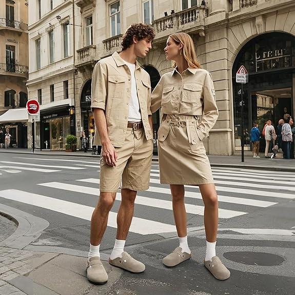 Unisex Round Toe Cork Footbed Clogs,Clogs for Women  Mens Suede Soft Leather Clogs  Potato Shoes Slide Outdoor Gym Shoes with Arch Support Flat Buckle Clogs Retro Fashion Walking Shoes Slippers