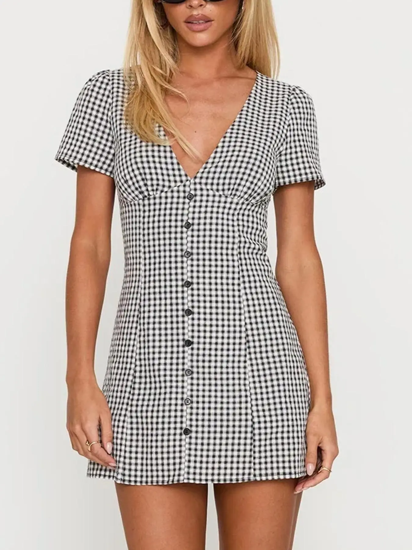 Women's Plaid Print V Neck Dress, Casual Chic Fitted Short Sleeve Button Dress for Daily Wear, Ladies Clothes for All Seasons - TikTok Shop Women's Plaid Print V Neck Dress, Casual Chic Fitted Short Sleeve Button Dress for Daily Wear, Ladies Clothes for All Seasons - TikTok Shop