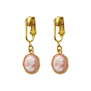 Vintage Style Cameo Gold Clip On Dangling Earrings