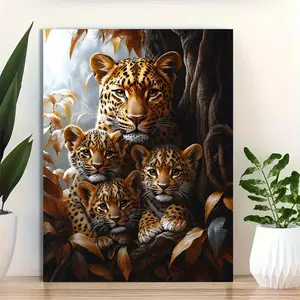 1pc Framed 12x16 Inch Leopard Family Canvas Print - Wildlife Inspired Wall Art with Three Leopards in Lush Foliage, Vibrant Colors & Detailed Fur Patterns, Ready-to-Hang Nature-Themed Home Decor, Leopard Decor, 2D Flat, Perfect for Room Decor	