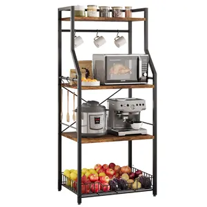 Garvee 4-Tier Bakers Rack for Kitchen with Microwave Oven Stand, Large Wire Basket, 8 S-Hooks, Industrial Coffee Bar Storage Shelf, Free Standing Metal Frame in Rustic Brown and Black