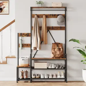 Coat Rack with 3-Tier Shoe Storage Bench, Coat Rack with 7 Hooks 4 Tier Side Storage Shelves Small Cute Side Bench, Industrial 5-in-1 Entryway Coat Rack for Hallway Mudroom Bedroom