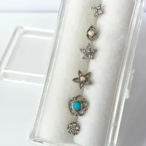 6pc Box Set Opal / Turquoise / CZ Gem Shapes 20g Steel L-Bend Nose Rings