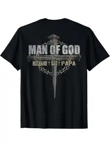 180g Pure Cotton T Shirt Men's T-Shirt Casual Sporty Style Man Of God Husband Dad Papa Cross And Crown Of Thorns Design For Everyday Wear And Religious Events Perfect Gift For Fathers And Faithful Men