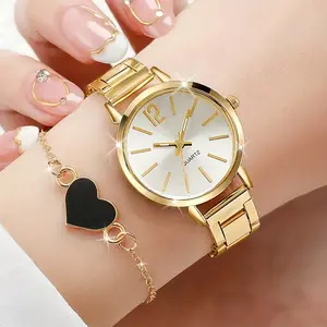 Women’s Golden Quartz Watch and Heart Charm Bracelet Set
