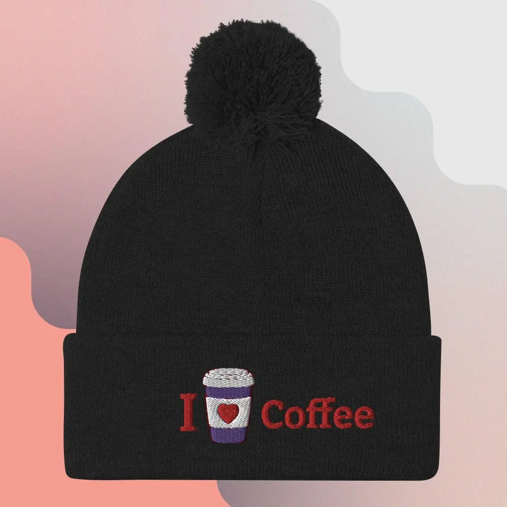 I Love Coffee Pom-Pom Beanie