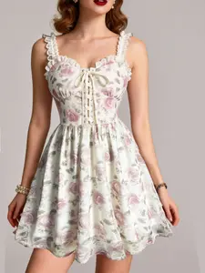 Vintage Floral Print Lace Bodycon Dress, Romantic Sweetheart Neckline, Spring Garden Party Mesh Lace Dress, Casual Dating Vacation Wear Women Breathable