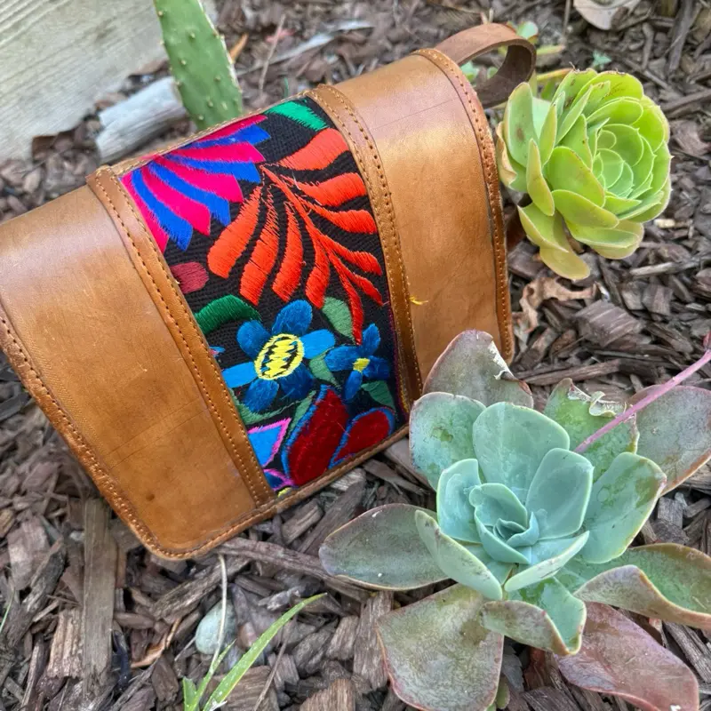 Chiapaneco Cross Body Bag with Authentic Mexican Leather and Traditional Embroidery Design