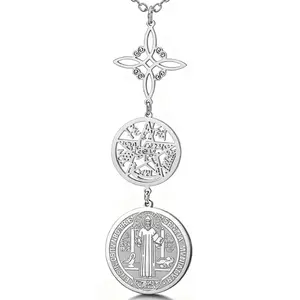 Triple Protection Necklace - A Stainless Steel Amulet Combining Catholic And Jewish Symbols, Featuring The Order of St. Benedict, a Witchcraft Knot, a Pentagram, And Four Characters - A Spiritual Gift for Safety, Suitable for Daily Use And Celebrati