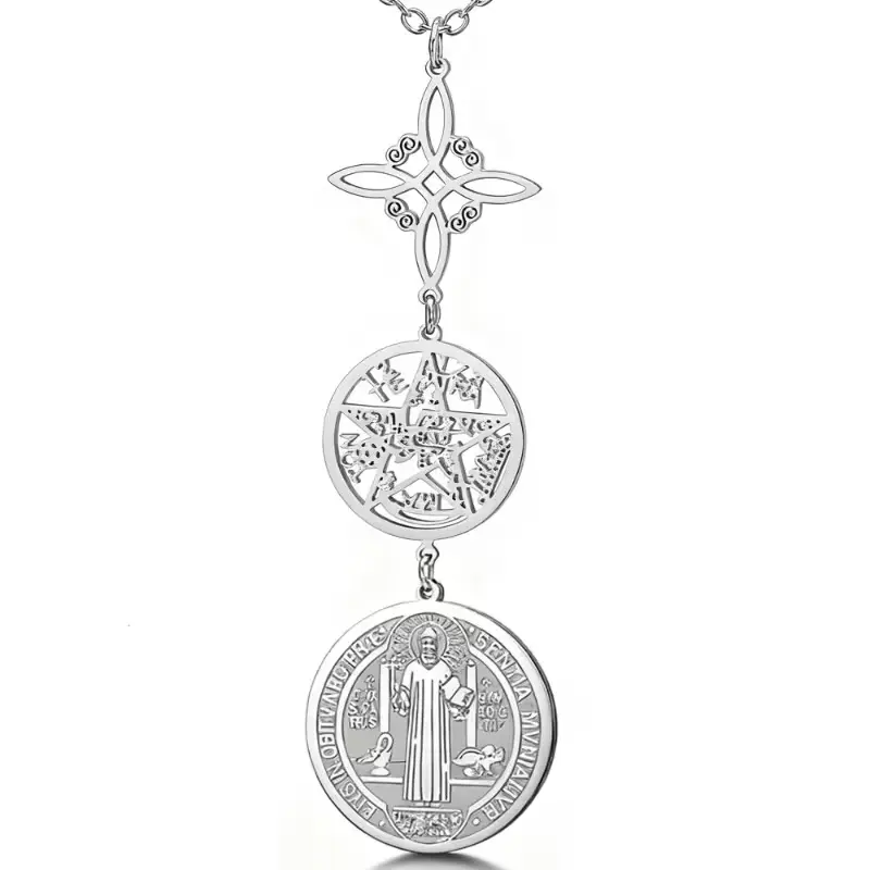 Triple Protection Necklace - A Stainless Steel Amulet Combining Catholic And Jewish Symbols, Featuring The Order of St. Benedict, a Witchcraft Knot, a Pentagram, And Four Characters - A Spiritual Gift for Safety, Suitable for Daily Use And Celebrati