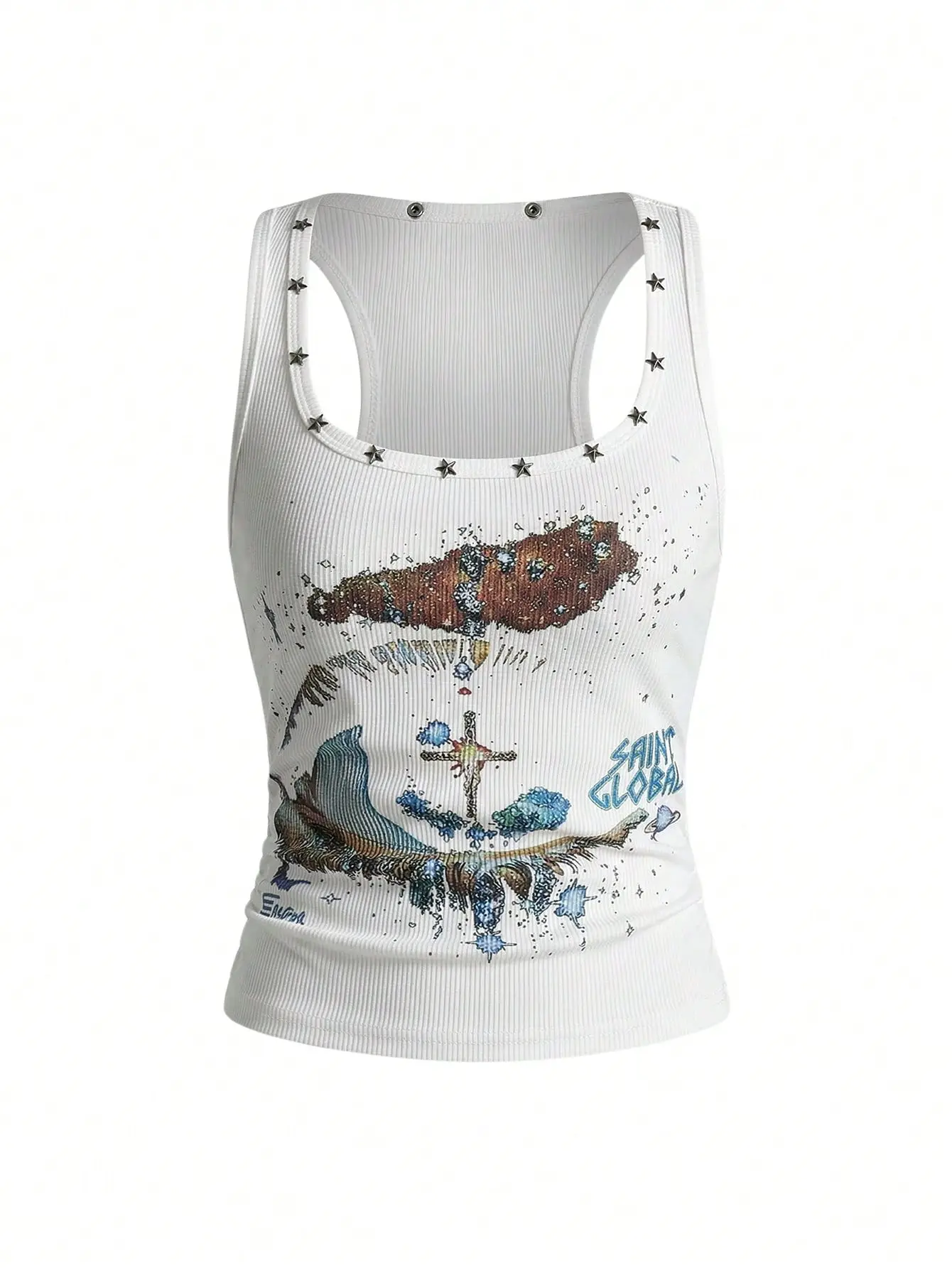 NORRA Women's Retro Baddie Unisex Streetwear Starry Sky & Rivet Print Tank Top Y2K Grunge Aesthetic Crop Top