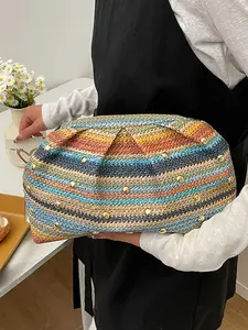 2026 New Bohemian Style Woven Bag, Commuter Large Capacity Tote Bag, Rainbow Weave Handbag for Women, Fashion Color Block Rainbow Bag