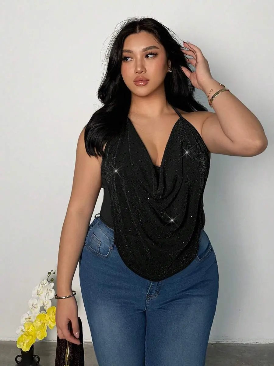 Women Solid Color Rhinestone Draped Neck Fashionable Camisole