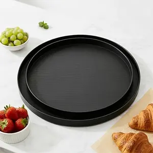 2-Pack Reusable Wood Grain Plastic Trays, Multi-Functional Round Storage Dishes, Kitchen Bathroom Living Room Organizer, Food Grade Material