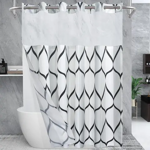 Double-Layer Waterproof Printed Machine Washable Shower Curtain, 1-Count Modern Geometric Bathroom Curtain with Removable Inner Lining, Shower Curtain Liner, Bathroom Decor Supplies, Home Goods, Bathroom Curtains Shower