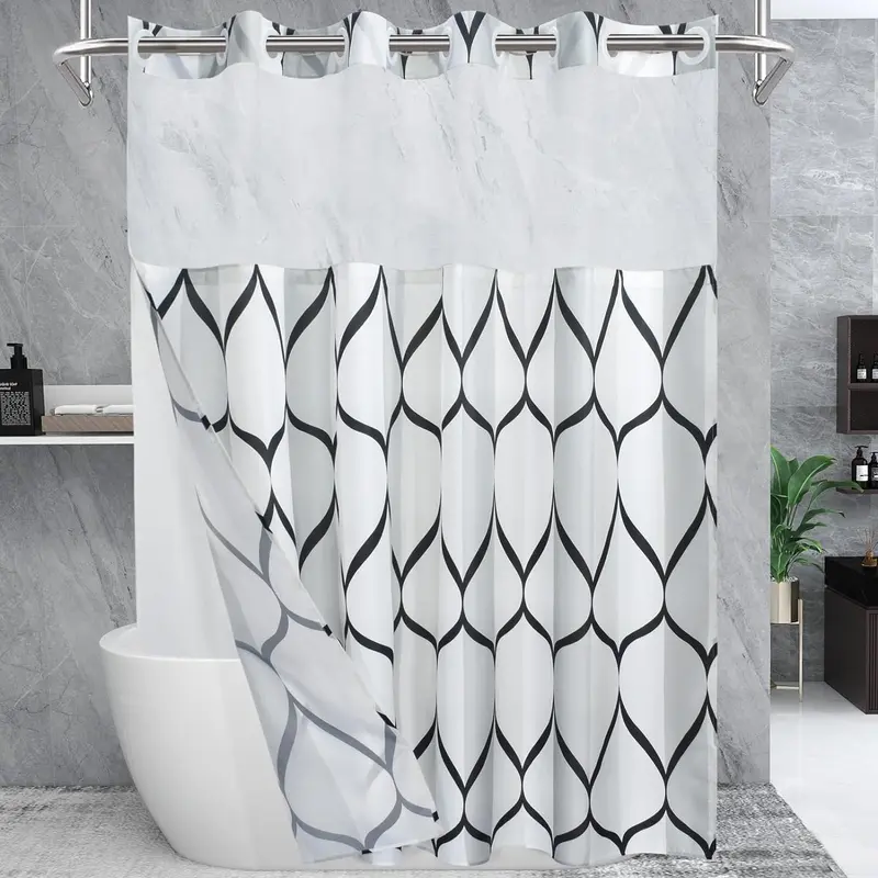Double-Layer Waterproof Printed Machine Washable Shower Curtain, 1-Count Modern Geometric Bathroom Curtain with Removable Inner Lining, Shower Curtain Liner, Bathroom Decor Supplies, Home Goods, Bathroom Curtains Shower