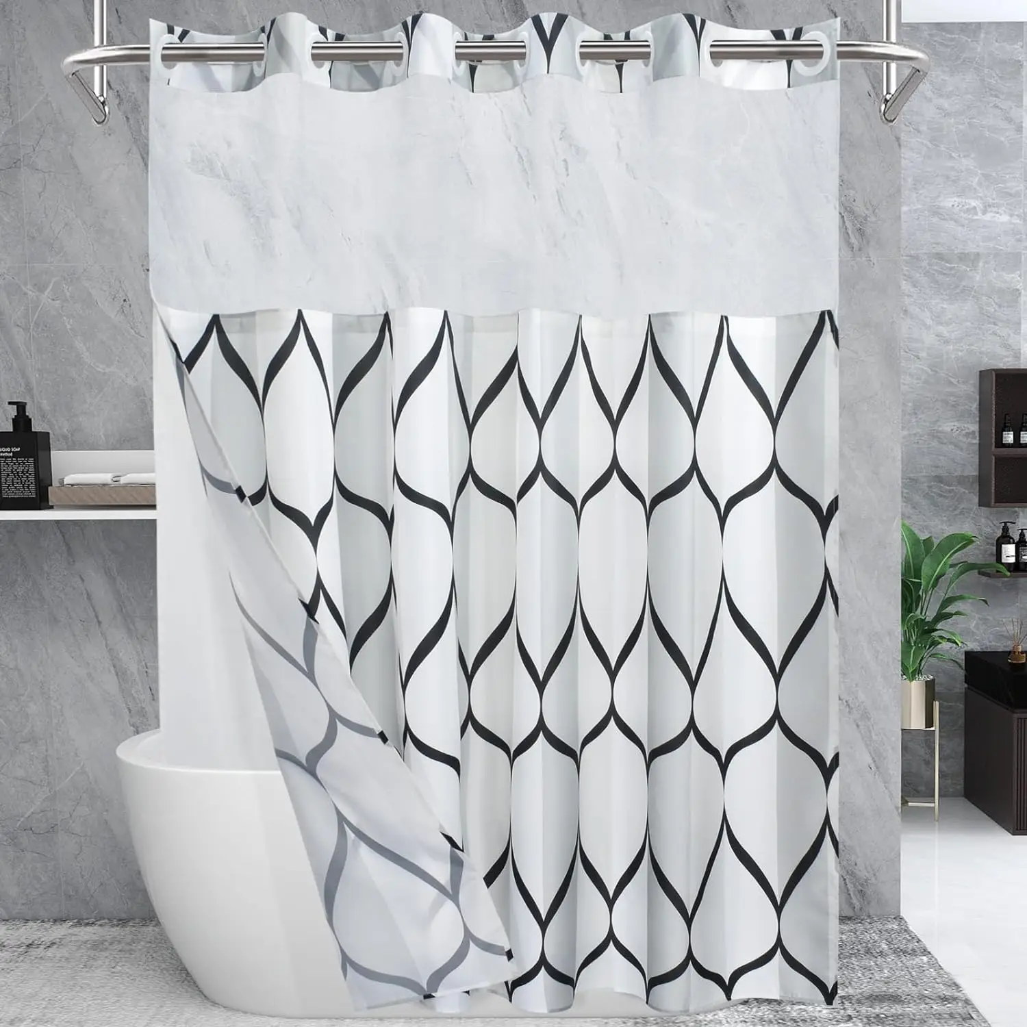 Double Layer Waterproof Shower Curtain, 1 Count Modern Geometric Pattern Bathroom Curtain with Removable Inner Lining, Bathroom Decor Supplies, Home G