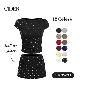 Cider Cotton-blend Boat Neck Polka Dot Ruched Tee & Mini Skort