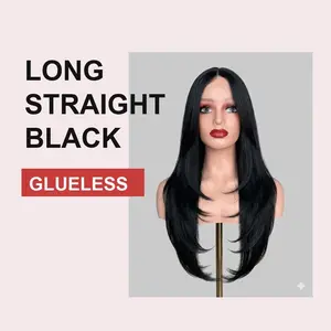 Long Straight Black Wig with Natural Bangs and Simulated Scalp
