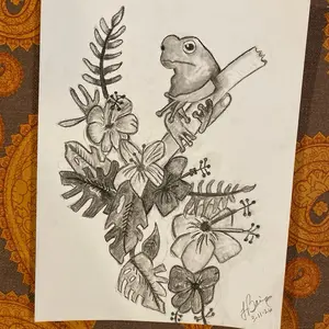 Frog in foliage, 9 x 12 charcoal