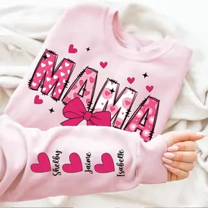 Mama With Kids' Names T-Shirt Sweatshirt Hoodie, Custom Valentine's Day Tee, Mama Mimi Nana Gigi Valentine Sweatshirt, Valentine Coquette Tee