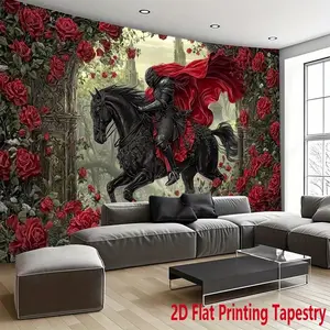 2D Flat - 2D Flat - 2D Flat Printed Tapestry, 1pc Knight And Horse Tapestry, Medieval Knight Riding a Horse with Roses Polyester Tapestry, Wall Decor for Living Room, Bedroom, Office, Studio, Home Festival Party Decoration, Perfect Creative Gift
