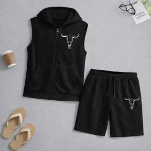 Men's West Tribe Wind Graphic Sleeveless Hoodie Shorts Set 2 Piece Outfit  Print Zip Up Hooded Vest Drawstring Shorts Summer Casual Gym Workout Streetwear Breathable Lightweight Athletic Lounge Set