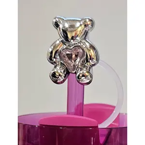 Silver Teddy Bear with Pink Diamond Straw Topper  - Straw Cover
