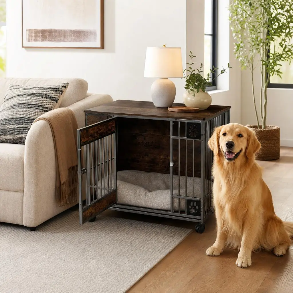 41" Wooden Dog Crate End Table with Feeding Bowls - 2-in-1 Heavy Duty Dog Kennel Furniture & Side Table with Wheels for Large Dogs