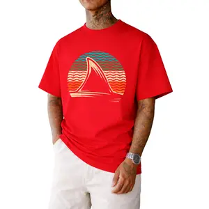 Premium Men's 100% Cotton Heavyweight 180gsm Surf Tee with Shark Tail & Fin Design – Teal Blue, Orange, Beige Ocean Wave Print, Perfect for Beach, Surfing, Swimming & Marine Biologists, Sizes S-XXXL