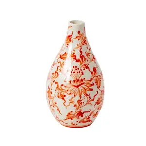 Coral Orange & White Hand Painted Chinoiserie Ceramic Eleanor Budvase