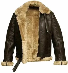 Men Aviator Brown RAF B3 Flying Pilot Bomber Shearling Fur Real Leather Jacket
