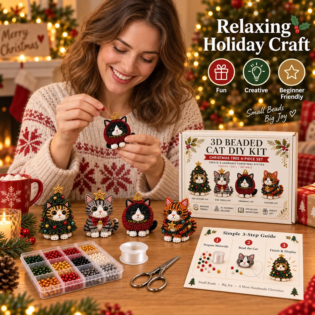 Christmas 2026 HolidayVibes ChristmasDecor ChristmasOrnaments 3D Beaded Cat DIY Kit, 4 Pcs Christmas Cat Beading Craft Kit, Handmade Festive Cat Figurine Making Set, DIY Christmas Decor Ornament Kit, Holiday Craft Gift for Adults & Cat Lovers