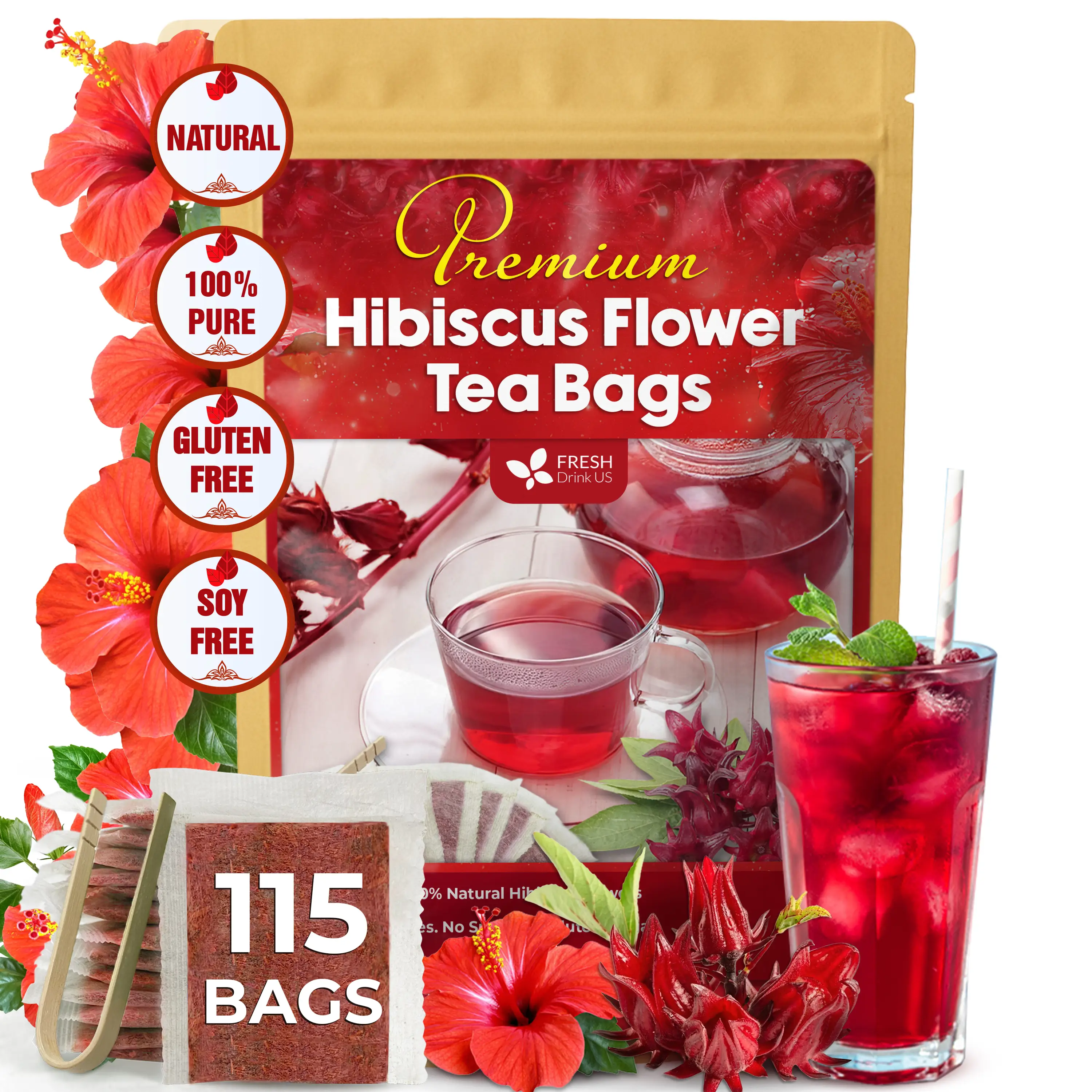 FreshDrinkUS Premium Hibiscus Flowers Tea Bags, 100% Natural, Pure from Hibiscus Flowers. Loose Flower Hibiscus Herbal Tea. Hibiscus Flower Tea. No Su