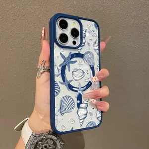 Trendy Magnetic Case for iPhone11/12/13/14/15/16/17/promax Blue Seashells and Starfish Pattern MagSafe Ready, Ultra Thin & Shockproof | Cute Pick for Girls