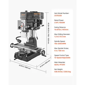 VEVOR 15.875-Inch Mill Drill Machine, 2 HP, Benchtop Milling Drill Press, 150-2560 RPM Adjustable Speed, with Rotating Vise, Laser and Work Light, Milling Drilling Machine, for Woodworking Light Metal